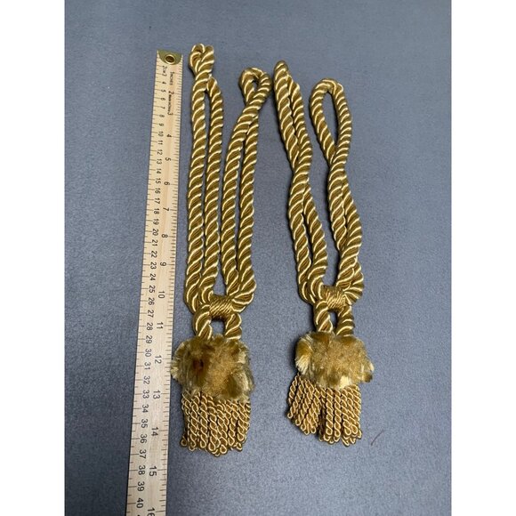 Vintage Gold Curtain Tiebacks with Faux Fur & Tassel Details Set of 2 - Picture 4 of 10